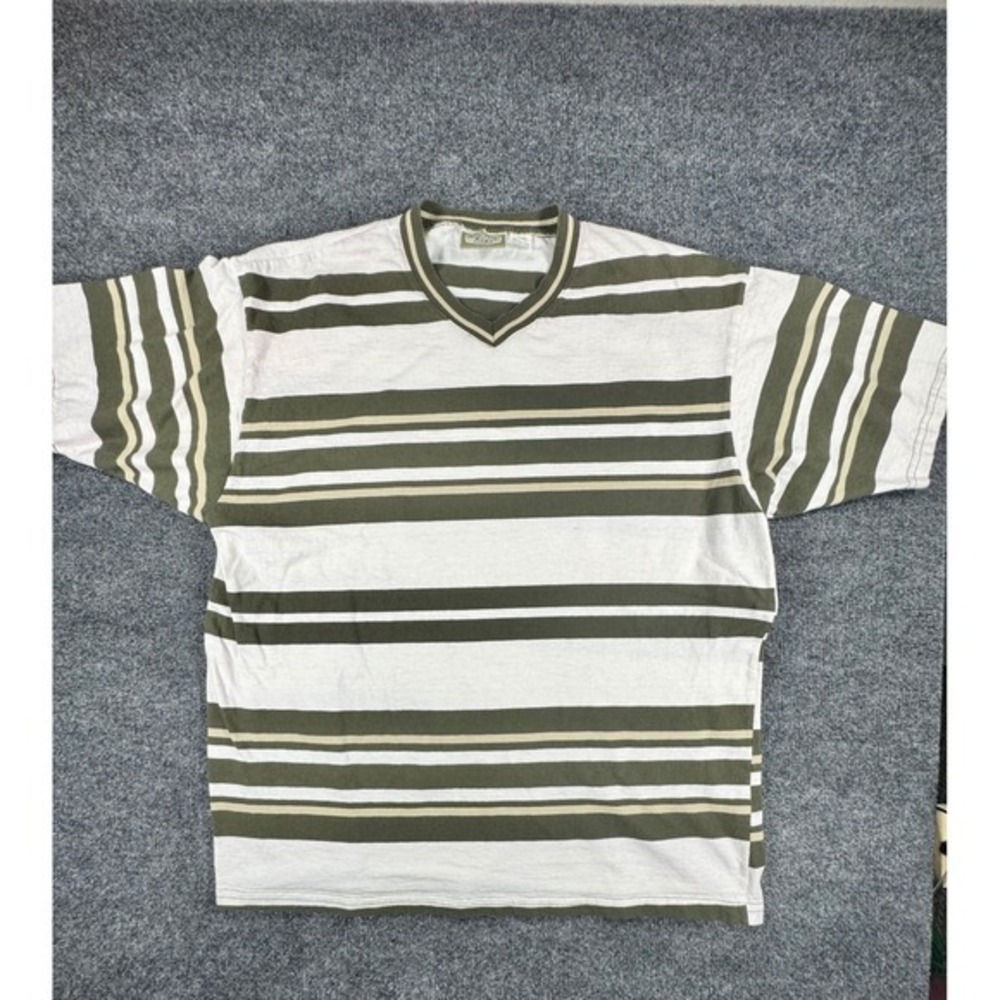 Vintage‎ 90s Industrial Rags Striped V Neck Shirt USA Made Olive Green Large